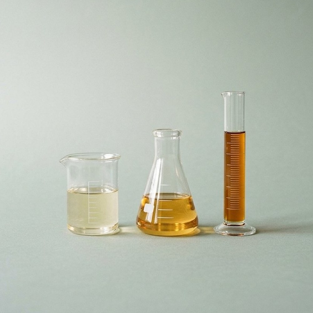 Béquer, frasco de Erlenmeyer e proveta de vidro de laboratório, com óleos em três tons de dourado